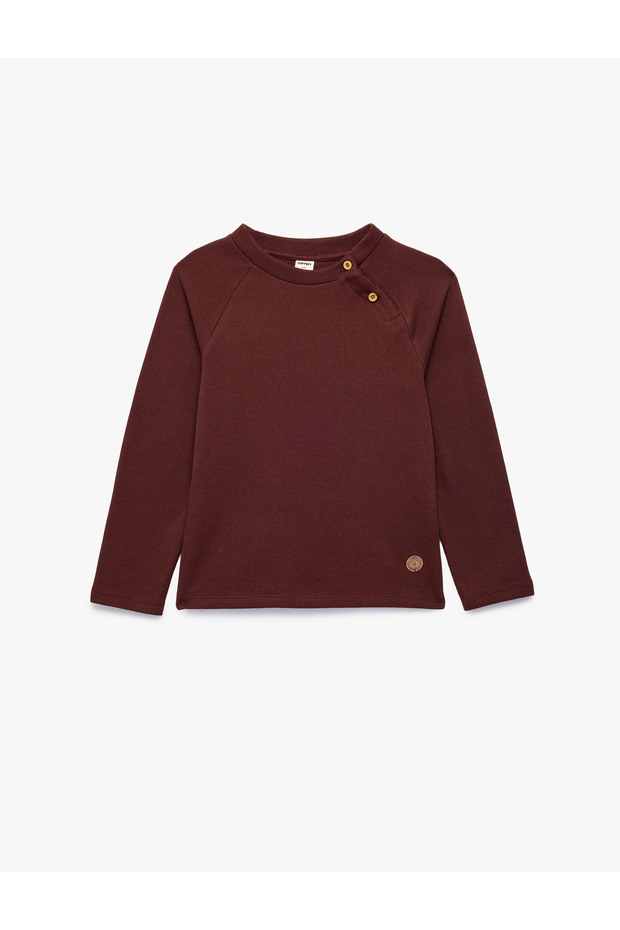 Cotton Crew Neck Long Sleeve Buttoned Sweatshirt