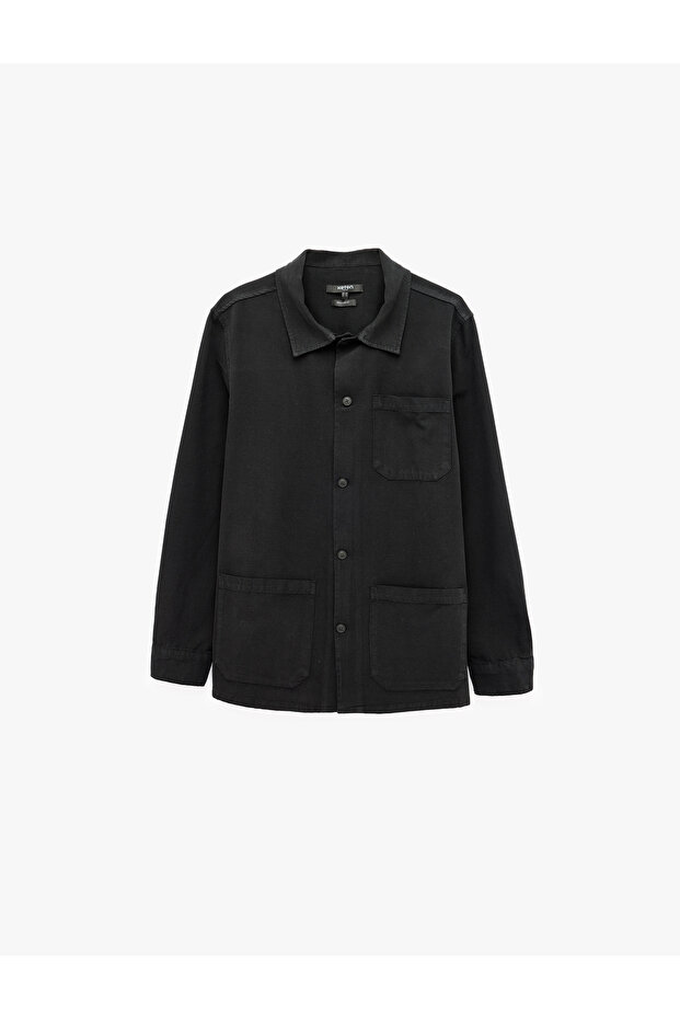 Cotton Regular Fit Pocketed Classic Collar Long Sleeve Canvas Shirt