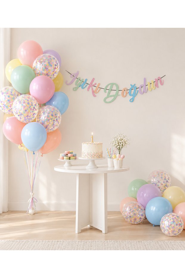 Colorful Confetti Macaron Balloon 30 Pieces Happy Birthday Lettering Birthday Balloon Chain and Ribbon Set