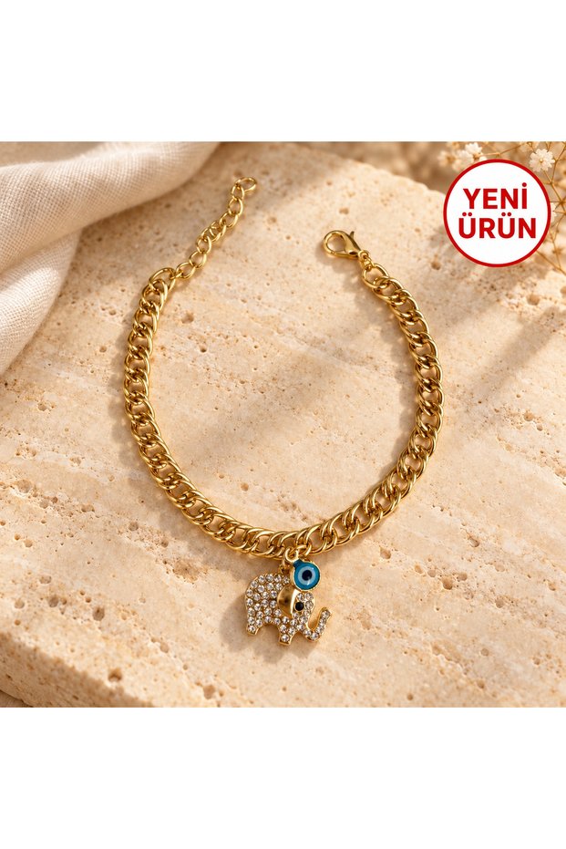 Women's Bracelet - Gold Color Chain with Evil Eye Beads and Stone Elephant Figure Women's Bracelet