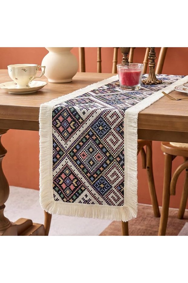 Table Runner, Boho Table Runner for Home Decor, Table Runner with Tassels, 48 Inch Long, Rustic Fall Geometric Pattern for