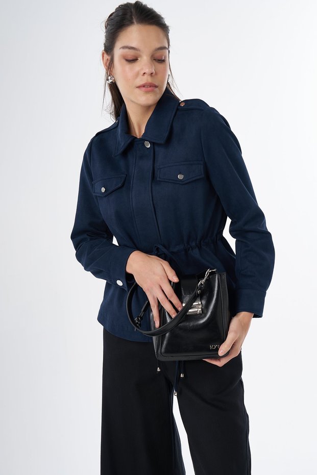Waist Drawstring Suede Jacket Navy Blue