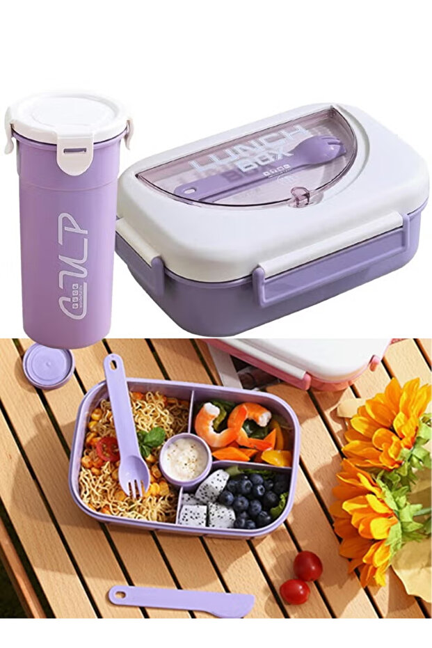 1000ml Purple Compartment Bento Box Set With Water Bottle & Cutlery, Food Grade PP Leakproof Lunch Container For Students School Picnic