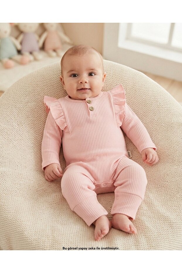 Baby Girl Ruffled Plain Romper with Snap Buttons at the Bottom, 100% Cotton, 0-3-6-9-12 Months Newborn Jumpsuit