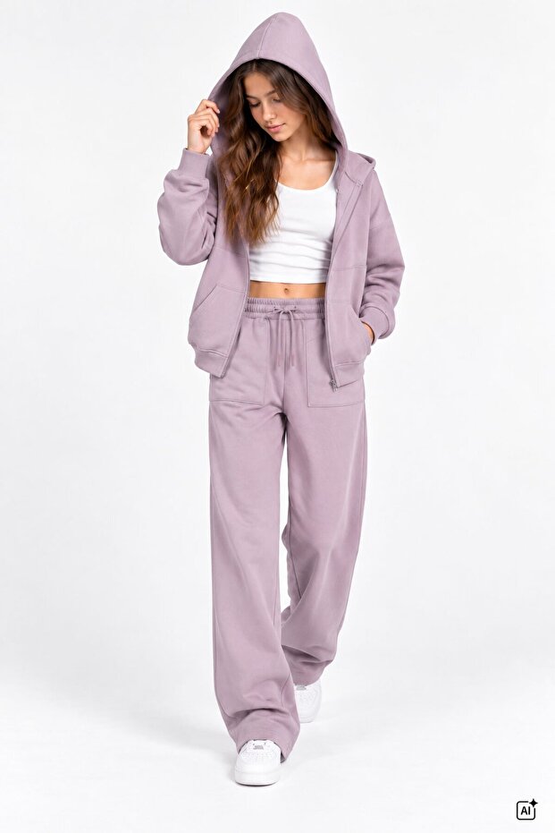 Pink Girls' Basic Hooded 3 Thread Threaded Wide Leg Sweatpants Set 24910