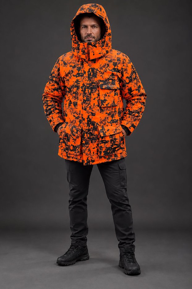 Hunting Hunting Phosphot Orange Camouflage Printed Wind Waterproof Breakaway Hooded Multi-Pocket Hog Hunter High Visibility -45 ° C Cold Climate Coat
