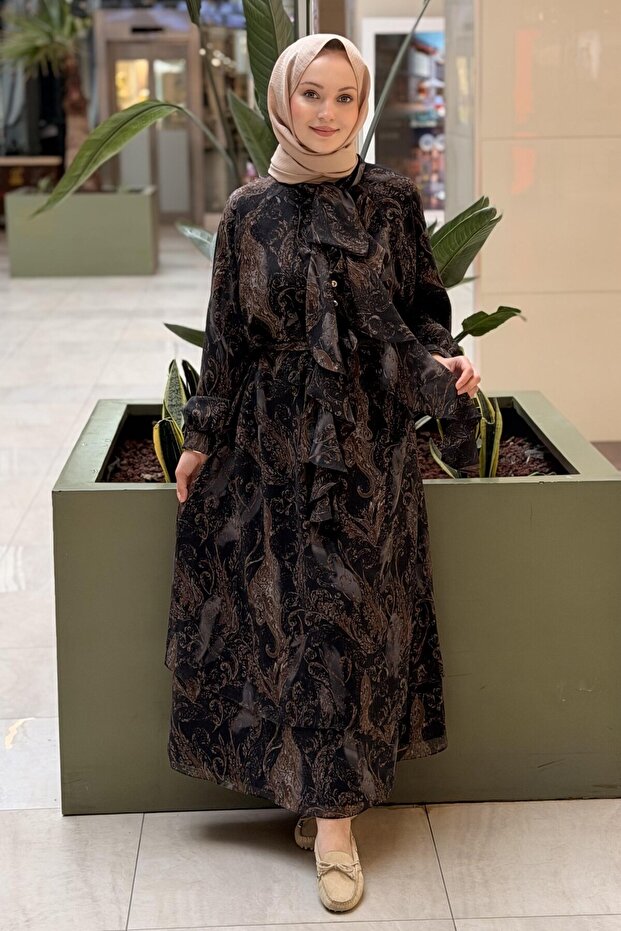 Ruffled Shawl Collar Patterned Belted Dress