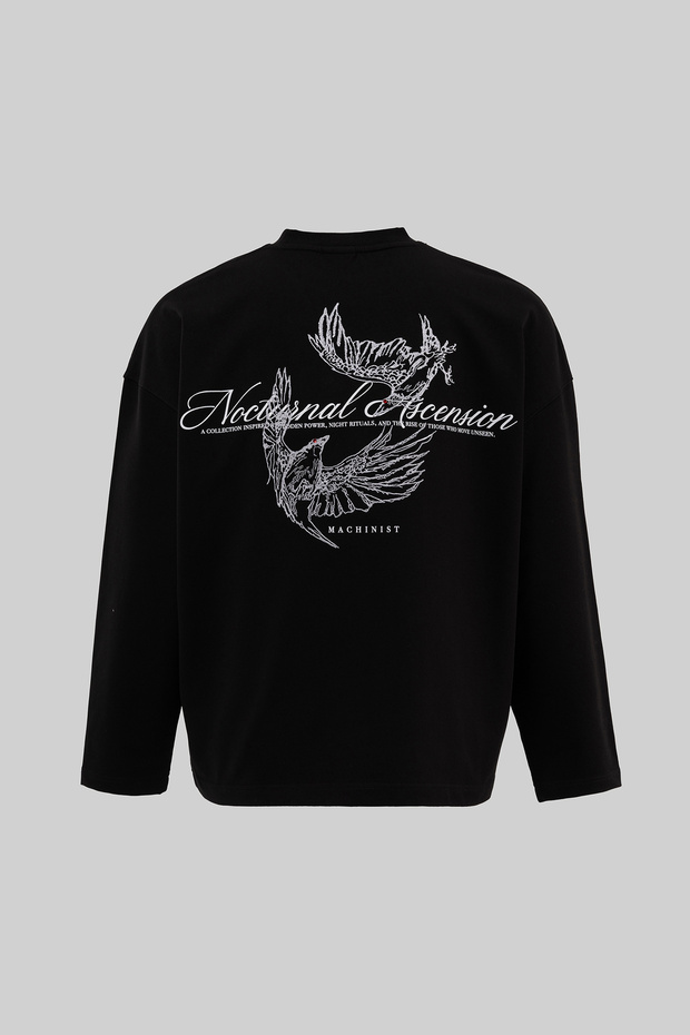Men's Raven Embroidered Oversize Long Sleeve T-Shirt Black