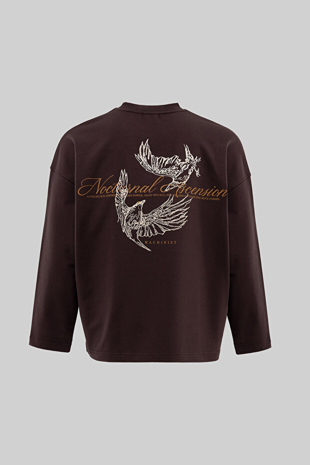 Men's Raven Embroidered Oversize Long Sleeve T-Shirt Brown