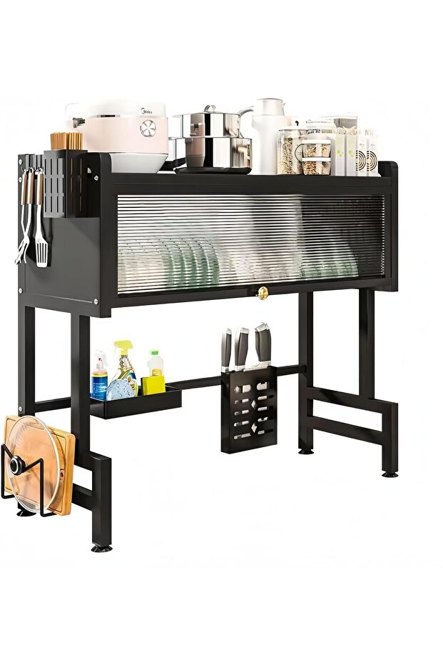 Over the Sink Dish Drying Rack with Dustproof Cabinet, 85 cm Carbon Steel Kitchen Organizer with Cutlery Holder, Knife Rack, Cutting Board Holder and 6 Hooks