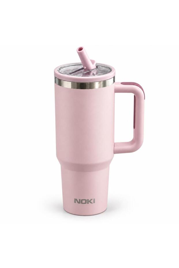 T-0137 1200 ml Stainless Steel Tumbler Thermos Cup with Straw and Spare Lid, Pink with Handle