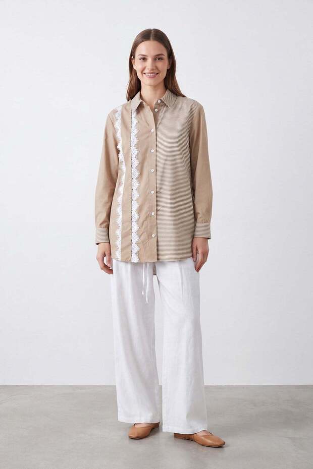 Women's Lace Detailed Color Block Shirt - 10790Gml Mink