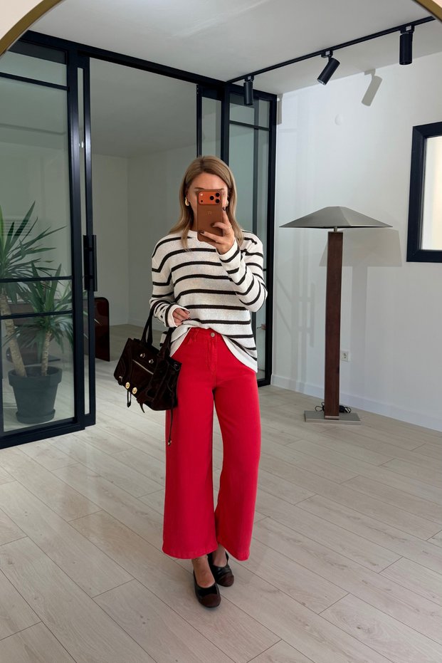 Wide Leg Draped Red Loose Pants