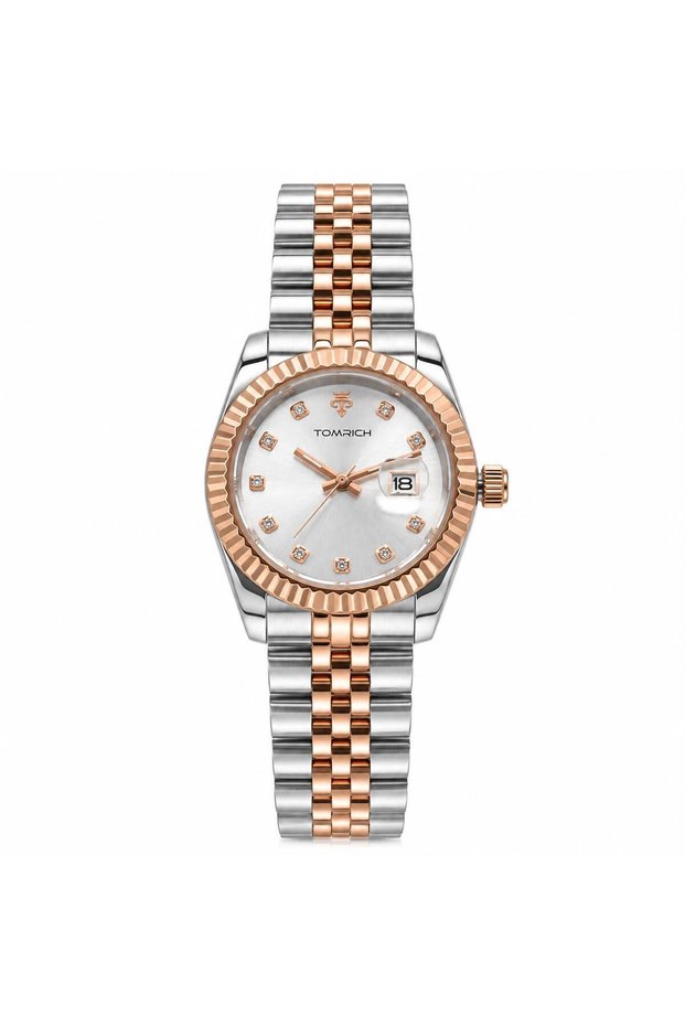 Women's Watch, Two-Tone Silver & Rose Gold Stainless Steel Bracelet, Silver Dial with Crystal Markers, Date Display, Luxury Watch, Gift for Women, VALERIA TRS2543L