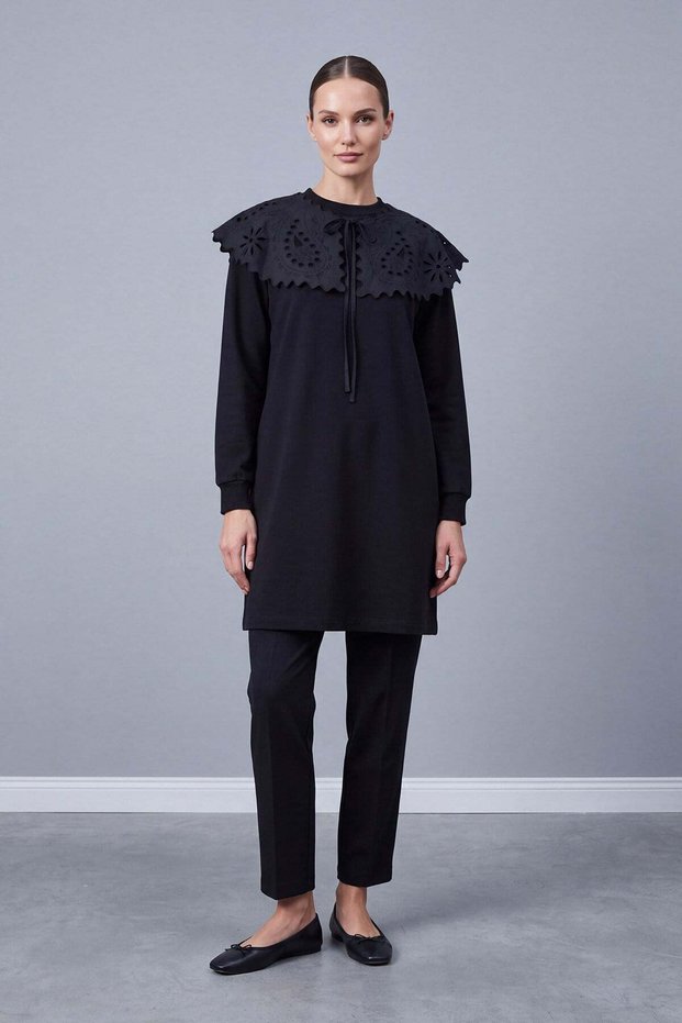Fisto Collar Cutout Lace Detailed Tunic Black