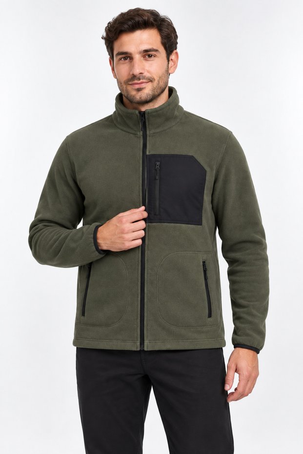 Full Zipper, 3 Pockets, Stand Collar, Front Detail, Winter Khaki Men's Fleece Jacket