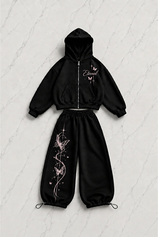 Eternal Printed Black Oversize Cardigan & Sweatpants Set