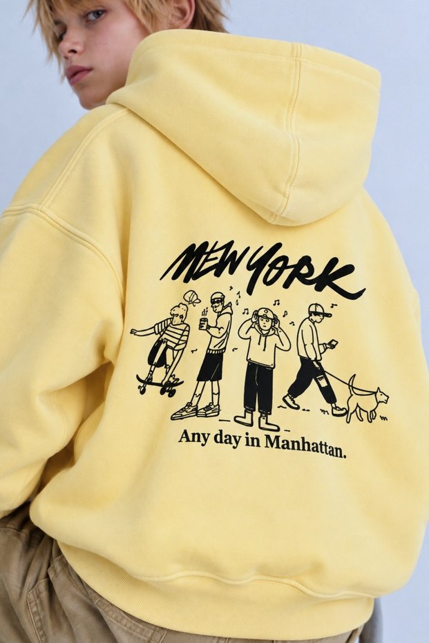 Boy's Oversize Hoodie Sweatshirt Day in Nyc Printed Yellow – Hooded, Pocketed, 3 Thread Fleece