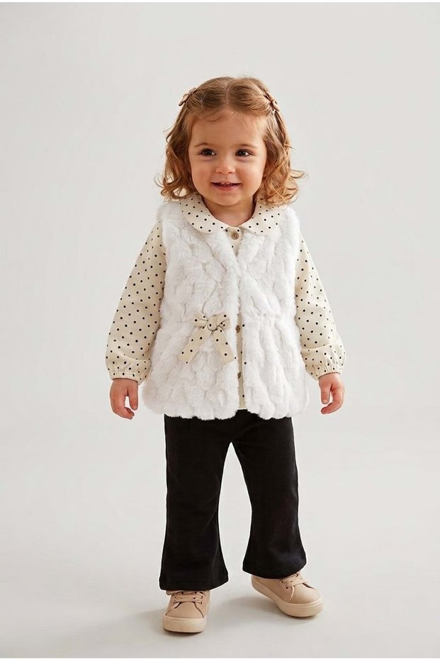 Girl's Plush Vest, Combed Cotton Polka Dot Shirt, 3-Thread Pants Winter Set M00872 White