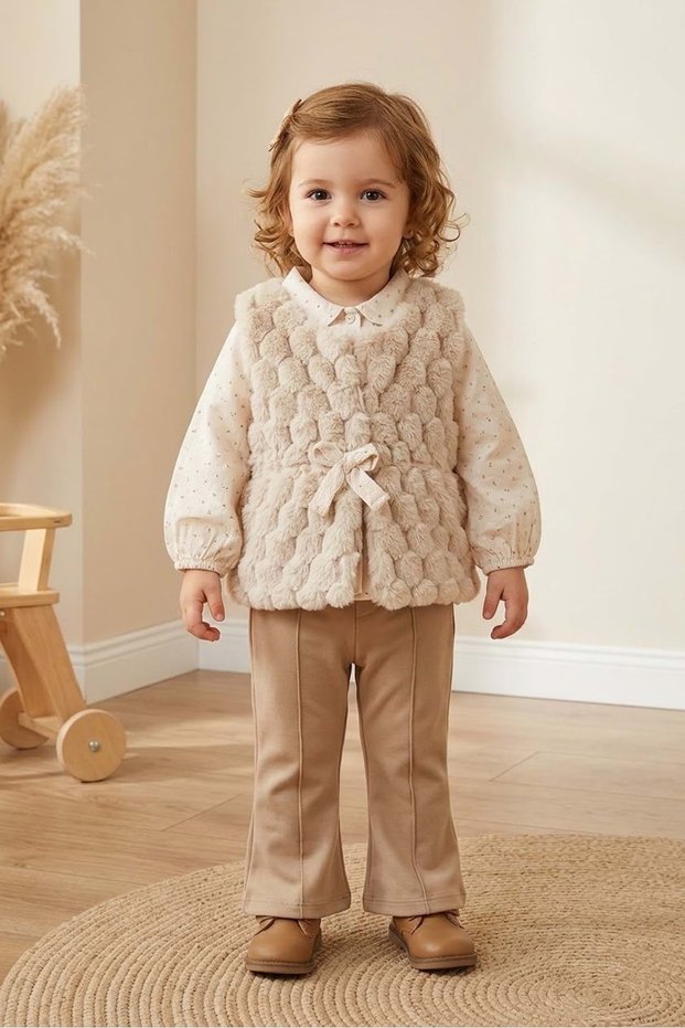 Girl's Plush Vest, Combed Cotton Polka Dot Shirt, 3-Thread Pants Winter Set M00872 Beige