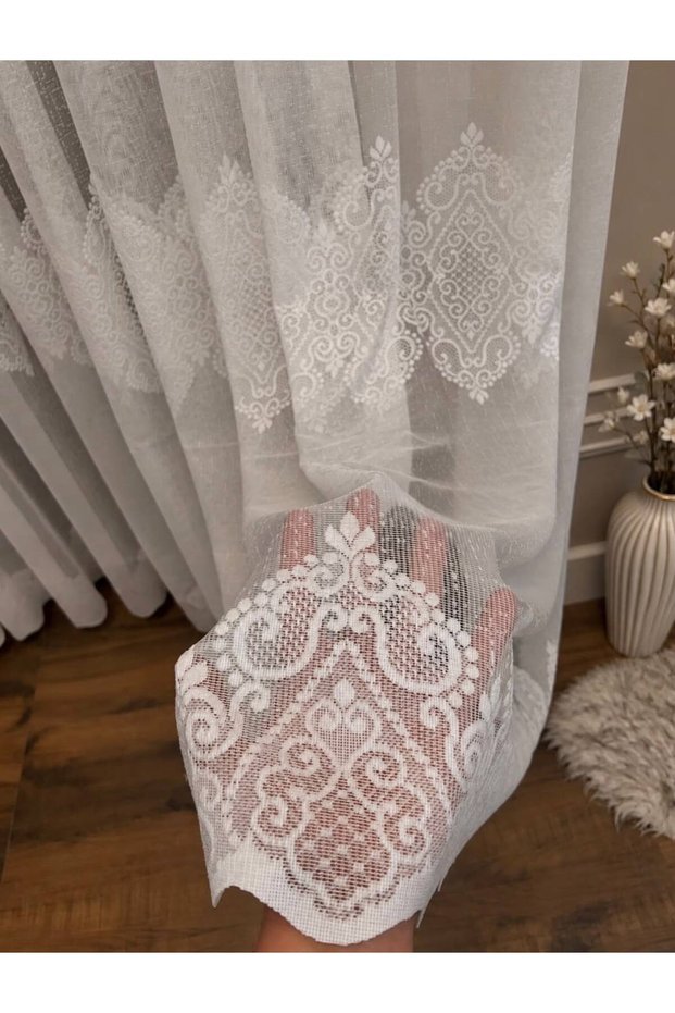 Nevbahar Damask Patterned Lace Embroidered Tulle Curtain | Off-White | 1X3 Dense Pleat | Does Not Want Ironing. | Modern Living Room Curtain