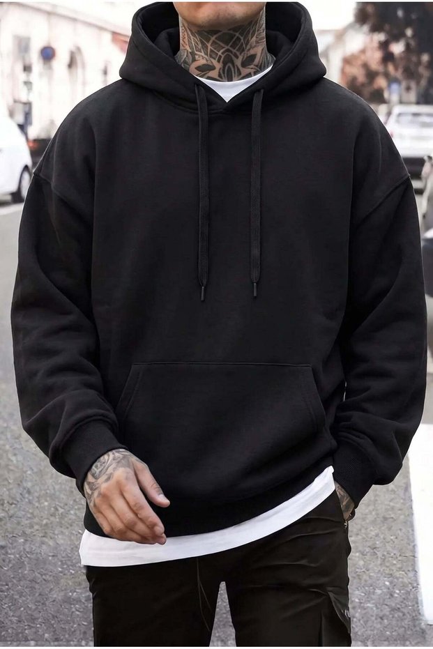 Men's Black Plain Hooded Oversize 3-Thread Fleece Loose Fit Hoodie Sweatshirt