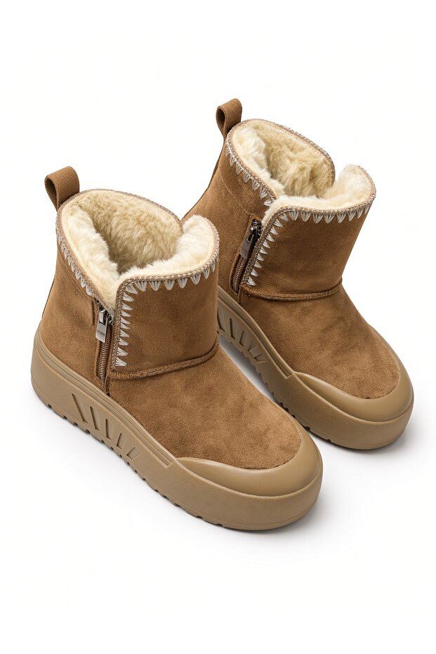 Women's Double Zippered Dense Fur Suede Ankle Boots-Taba