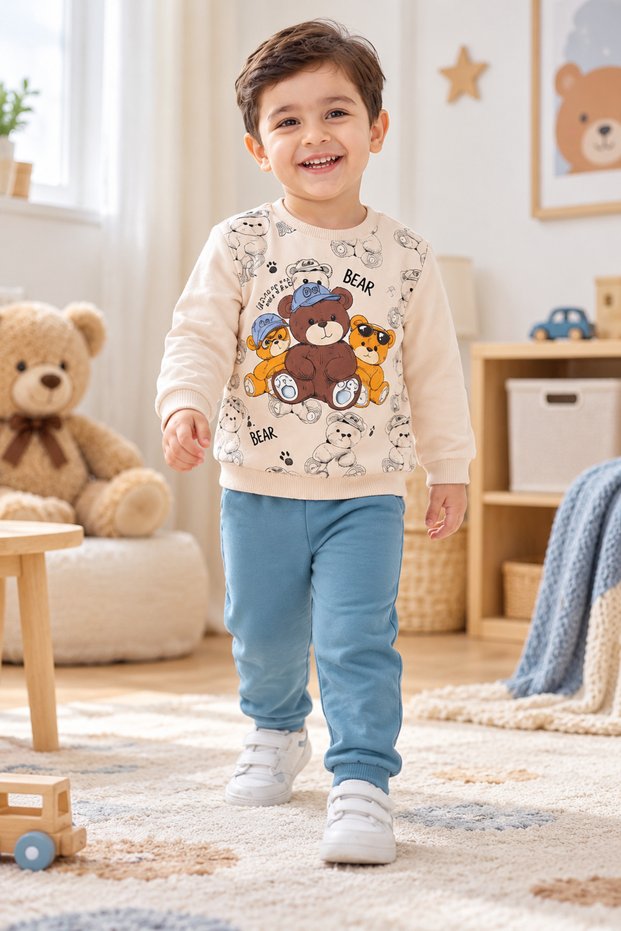 Boy's Tracksuit Set Teddy Bear Printed Sweatshirt Jogger Bottom 2-Piece Set