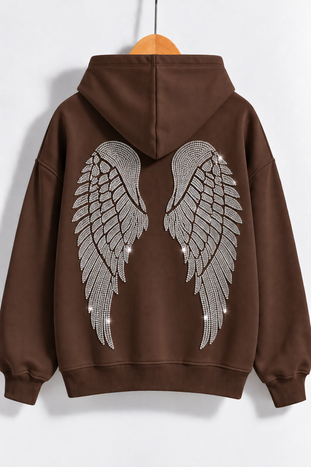 Women's Wing Stone Printed Hooded Oversize Sweatshirt Brown