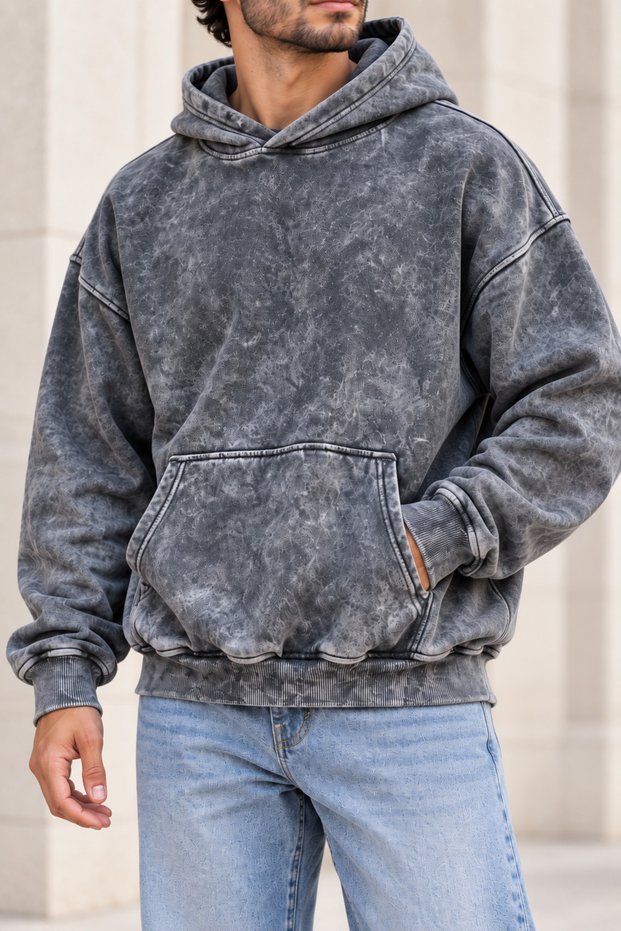 Men's Oversize Washed Hooded Sweatshirt – Acid Washed Look with Kangaroo Pocket, Comfortable Fit Casual Hoodie