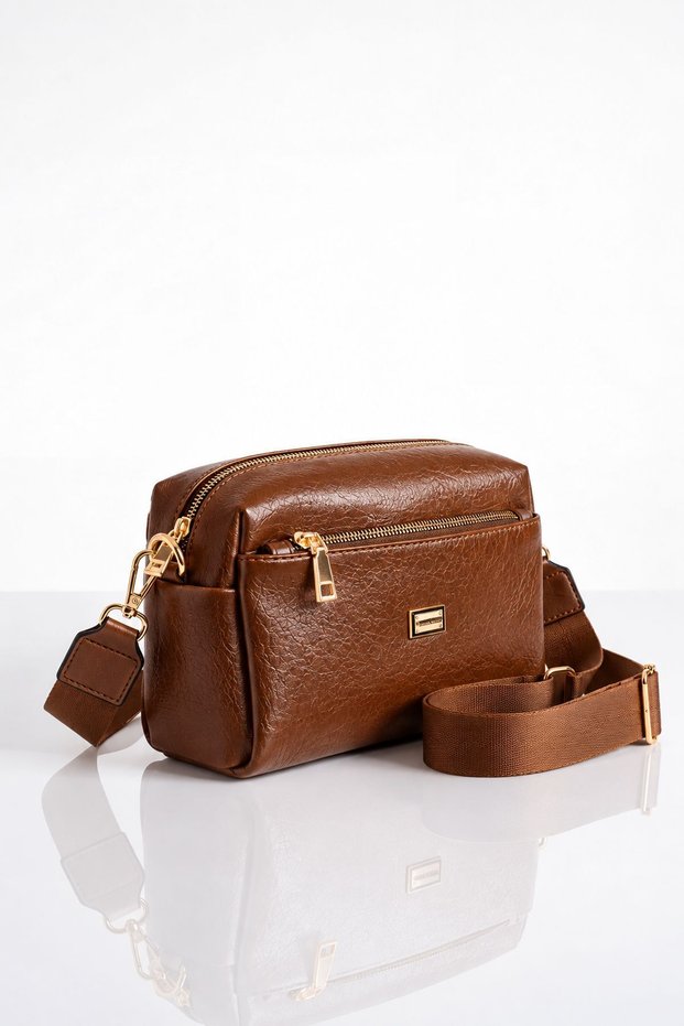 Vx-1441 Women's 3-Compartment Faux Leather Wide Strap Crossbody Bag Taba