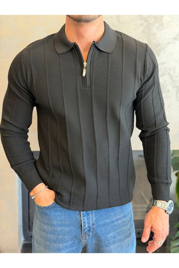 Men's Relaxed Fit Zippered Textured Polo Sweater Black Eca095