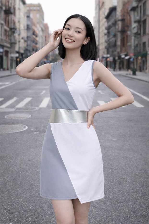 Women's Double Breasted Collar Sleeveless Geometric Patterned Waist Detailed Above Knee Stylish Casual Gray Dress