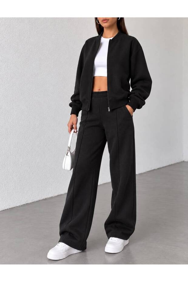 Women's Black 2-Thread Ruffled Zippered Bomber Cardigan-Black Green Wide-Leg Sweatpants Set