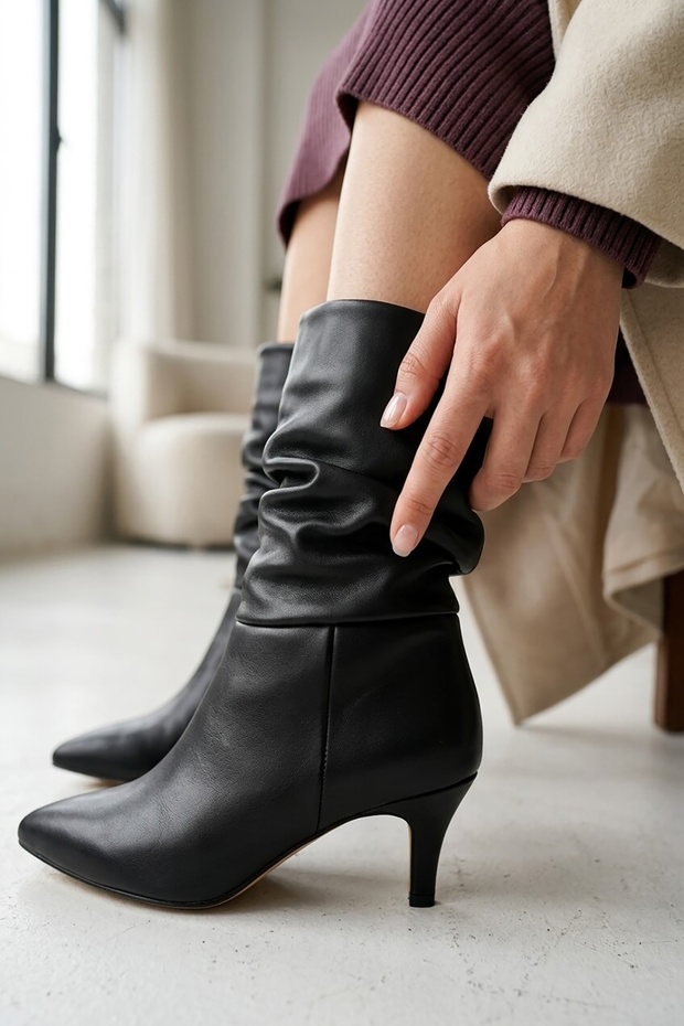 Amelia Short Black Bellows Boots (7 cm Heel) Pull-On Daily Women's Boots