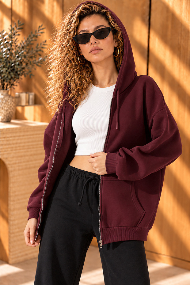Burgundy Cotton Three-Strand Braided Metal Zipper Oversize Loose Hooded Long Sweatshirt with Kangaroo Pocket