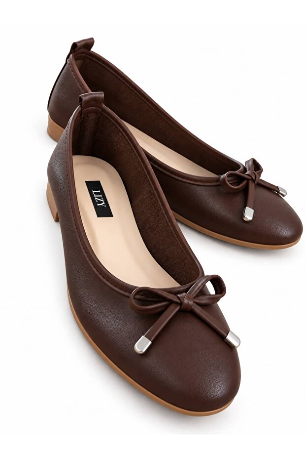 Women's Brown Genuine Leather Ballerina Shoes with Bow Detail, Round Toe, Daily Comfortable Ballerinas
