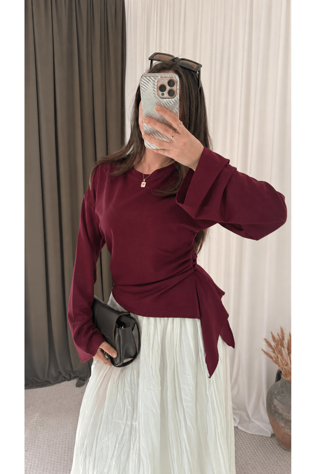 Drape Detailed Asymmetrical Blouse - 4211 - Plum (Es)
