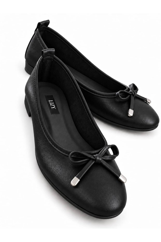 Women's Black Genuine Leather Ballerina Shoes with Bow Detail, Round Toe, Daily Comfortable Ballerinas