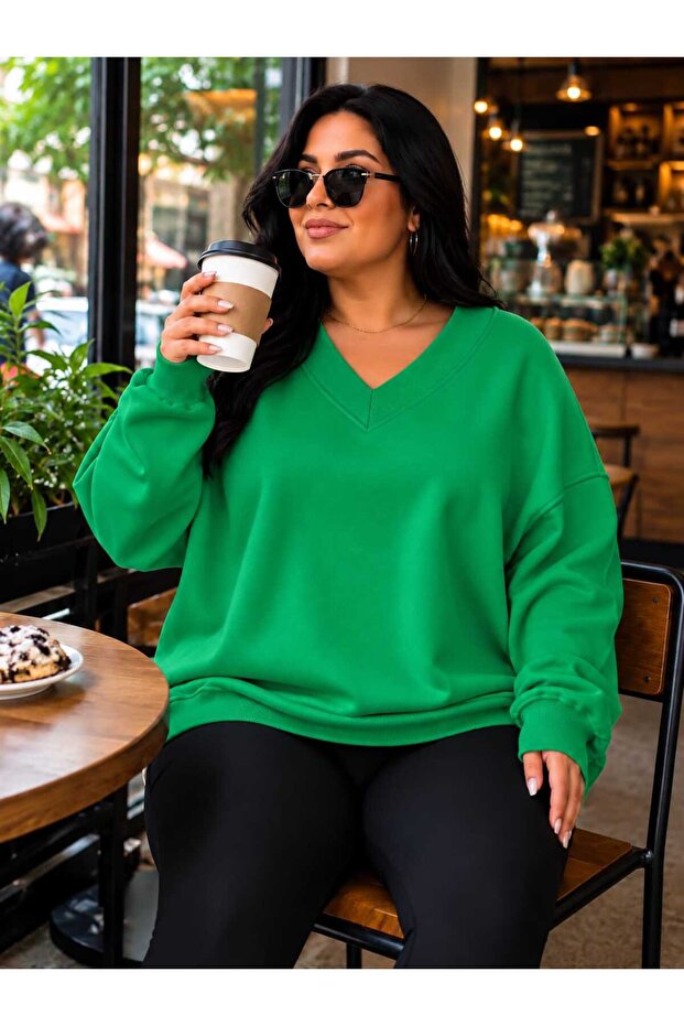 3 Yarn Combed Cotton Plus Size V-Neck Sweatshirt Aow1
