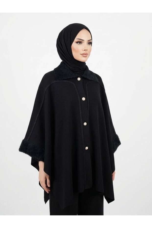 Collar and Sleeve Cuffs Bearded Fabric Special Design Button Detail Poncho