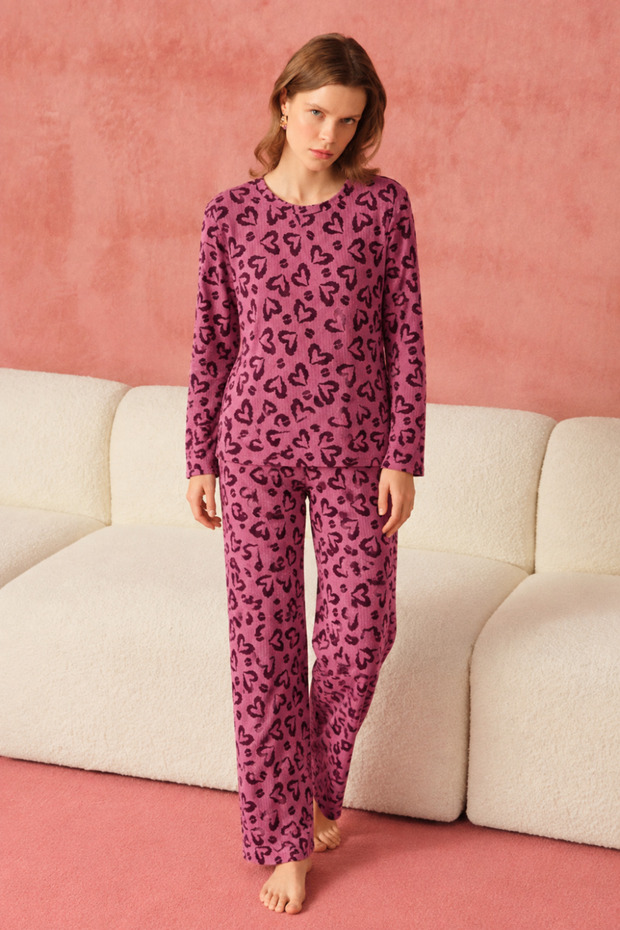 Women's Patterned Crew Neck Premium Lilac Pajama Set