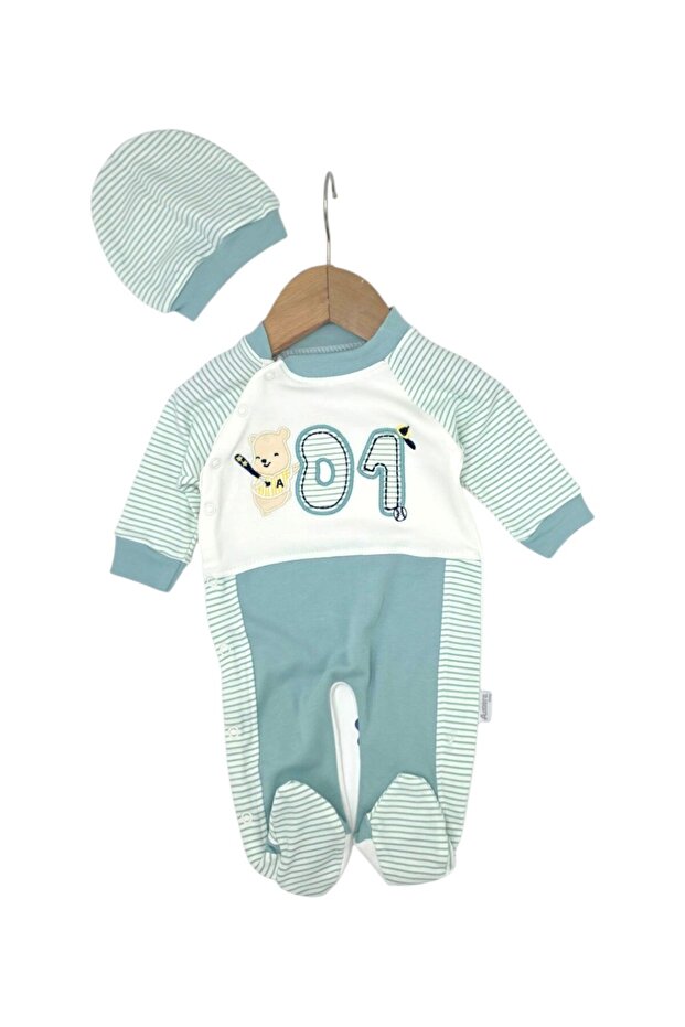 Baby Boy 01 Embroidered, Striped, with Hat, 0-3-6-9 Months Newborn 2-Piece Jumpsuit Set