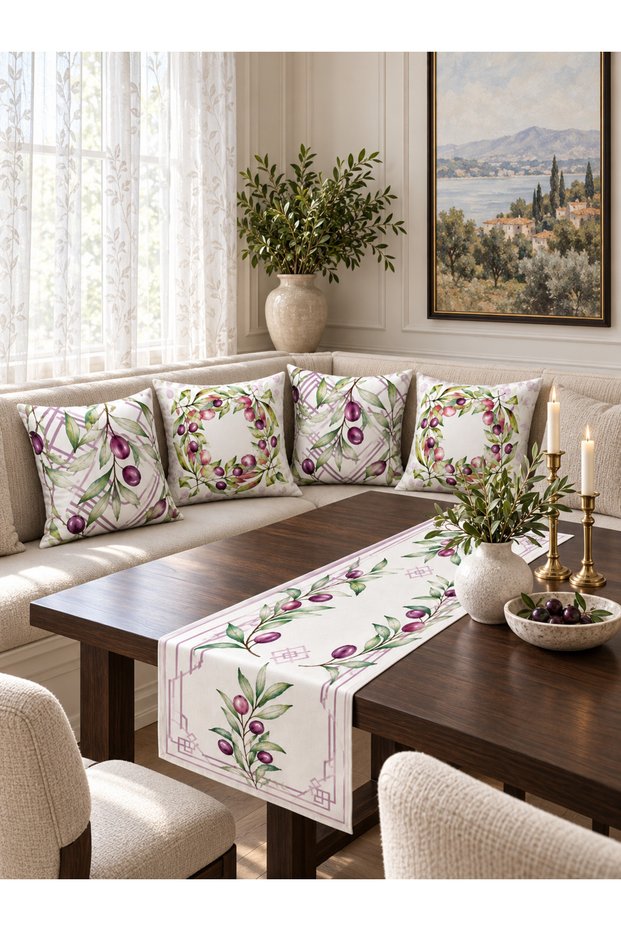 Natural 4-Piece Cushion Cover Runner Set with Lilac Purple Olive Branches