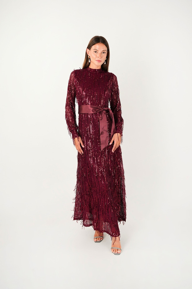 Fringed Sequin Fabric Long Evening Dress - Bordo