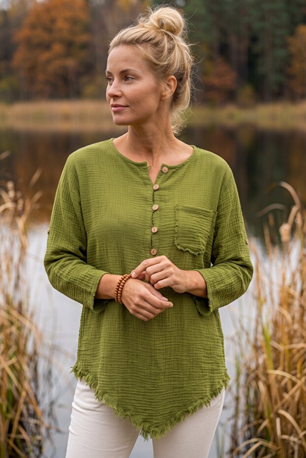 Green Pool Collar 3/4 Sleeve Half Placket Pocketed Casual Muslin Asymmetric Woven Blouse 70 65