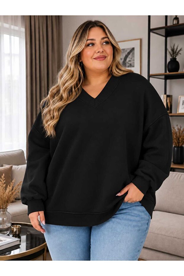 3 Yarn Combed Cotton Plus Size V-Neck Sweatshirt Aow4