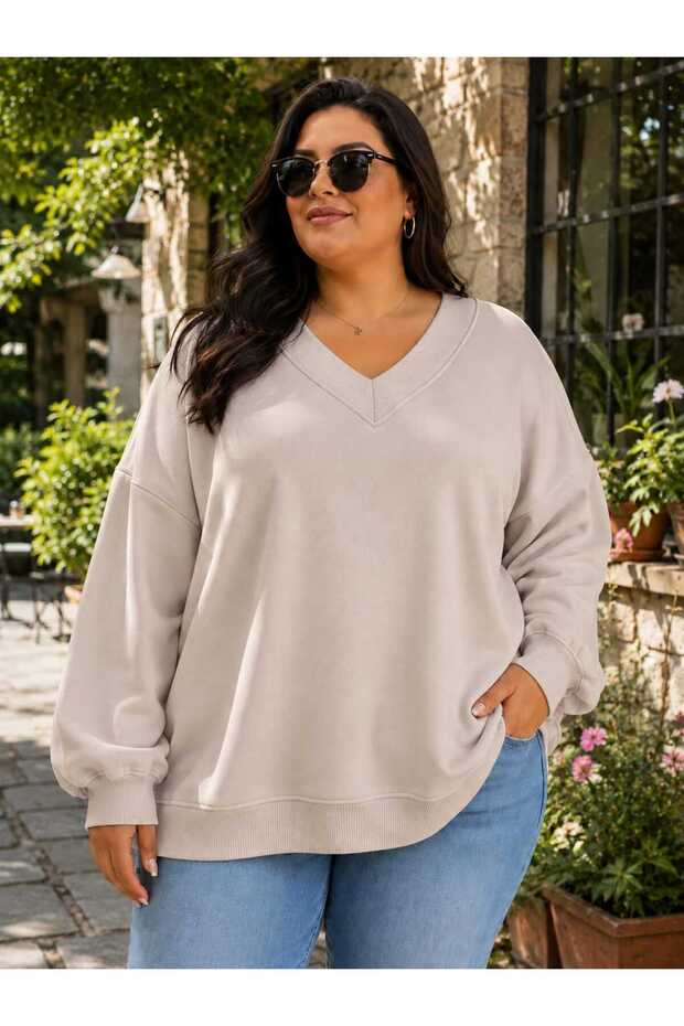 3 Yarn Combed Cotton Plus Size V-Neck Sweatshirt Aow5