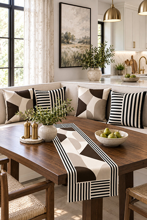 Black Beige Brown Modern Geometric 4-Piece Throw Pillow Cover Runner Set