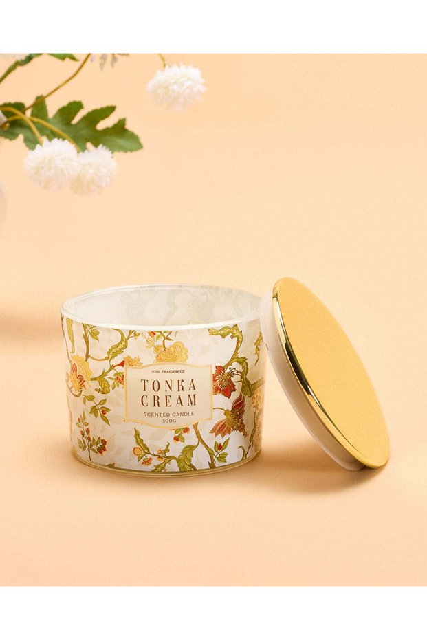 Tonka Cream Floral Glass Jar Candle With Lid